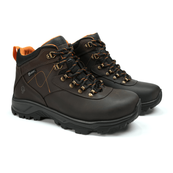 Bota Impermeável Masculina ThaBel Poseidon Marrom com CA, couro emborrachado e solado antiderrapante, ideal para trilha e trabalho na chuva.