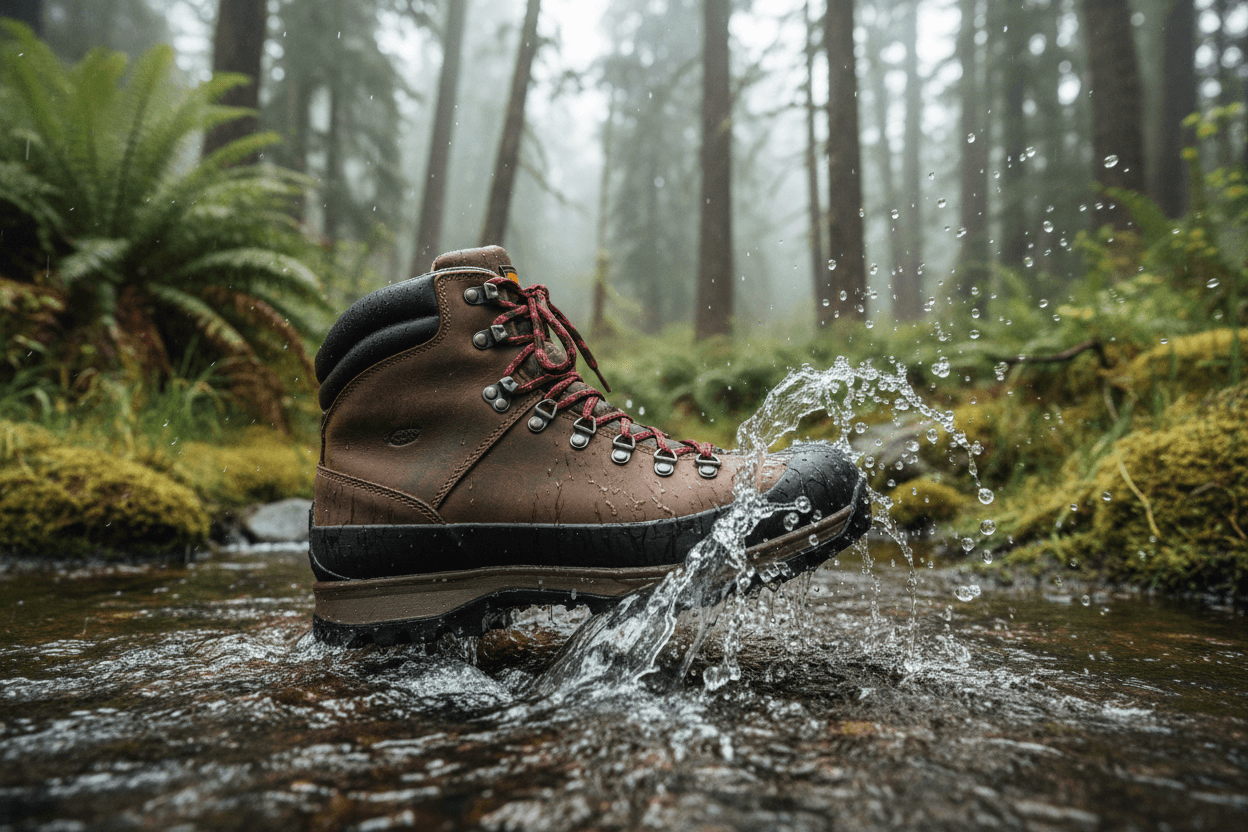 Bota à prova d'água caminhando em riacho, destacando um dos 10 Motivos para Adorar Botas à Prova d'Água em ambiente natural.