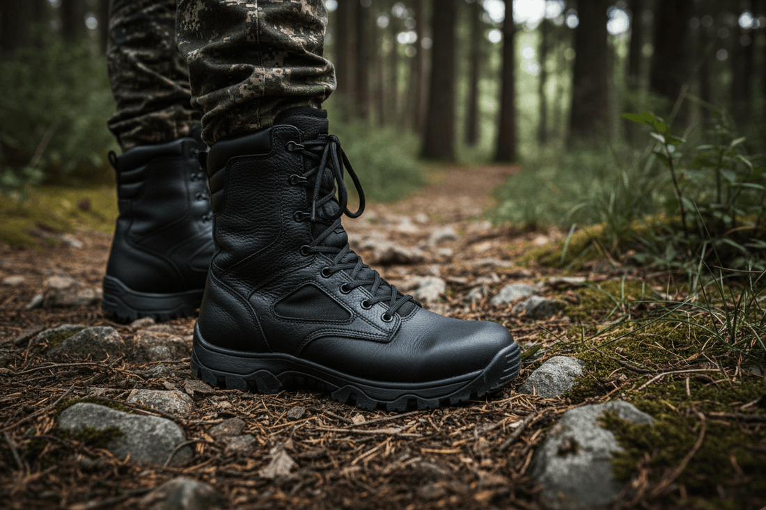Pessoa caminhando na floresta com coturno militar tático preto - Como Escolher o Coturno Militar Tático Ideal.