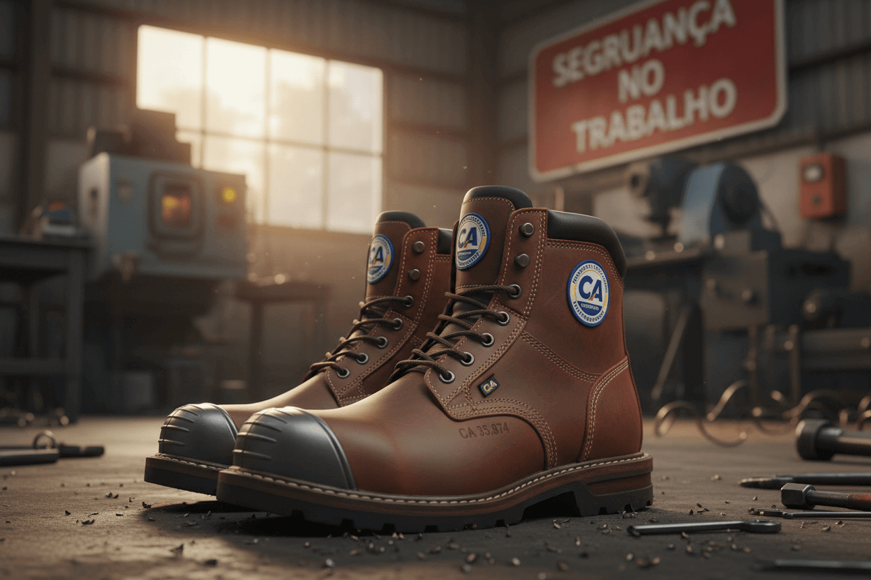 Bota com CA em um ambiente de trabalho, destacando a importância do Certificado de Aprovação para segurança no trabalho.