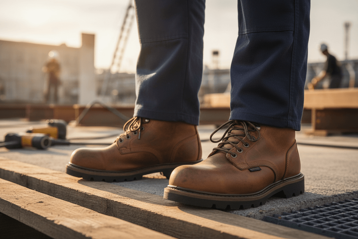 Close-up of men's work boots on construction site - 5 Características das Botas de Segurança Masculinas