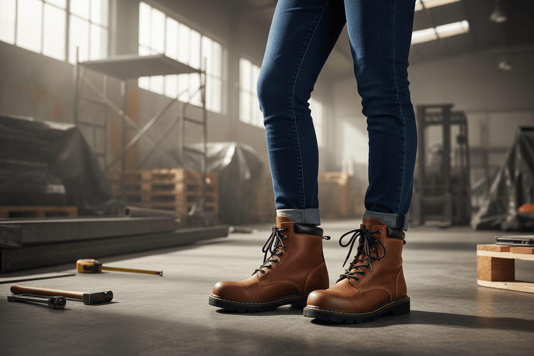 Bota de segurança feminina em ambiente de trabalho, destacando o estilo e proteção das botas.