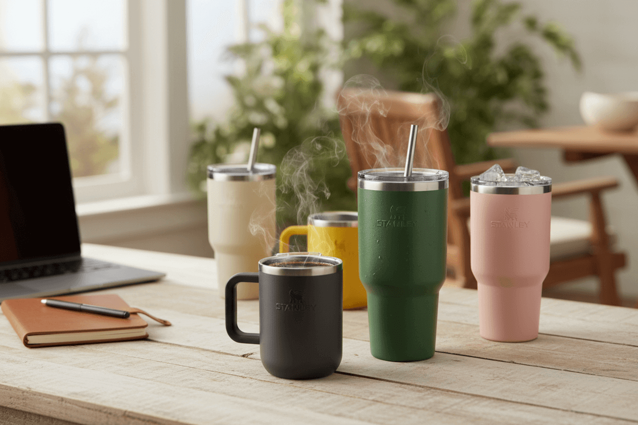 Copos e Canecas térmicas Stanley: indispensáveis para o seu dia a dia em um ambiente de escritório moderno.