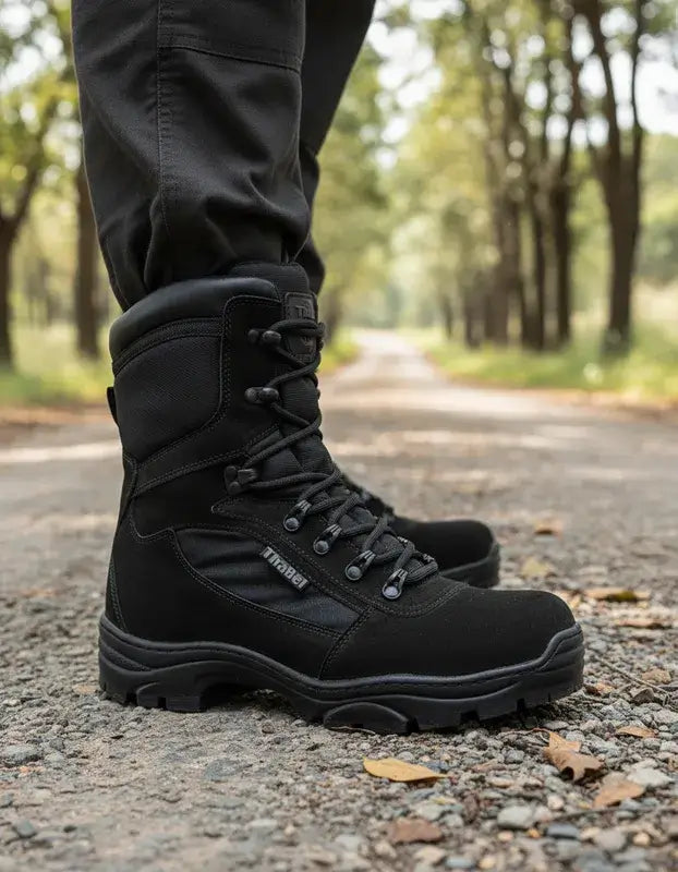 Botas Táticas Thabel: Conforto e Durabilidade de Excelência em uma estrada de cascalho com árvores ao fundo.