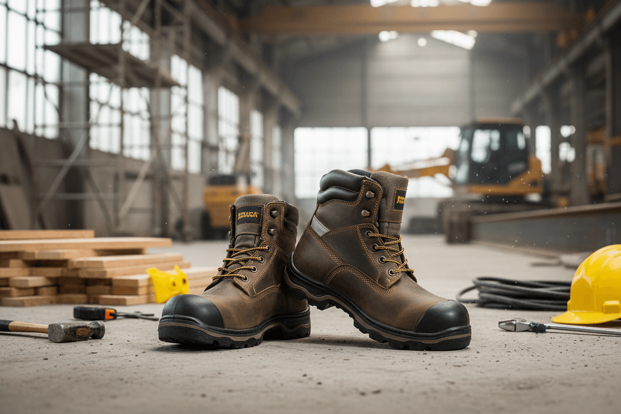 Botas de segurança masculinas em um canteiro de obras, foco do artigo 'Como Escolher Botas de Segurança para Homens'.