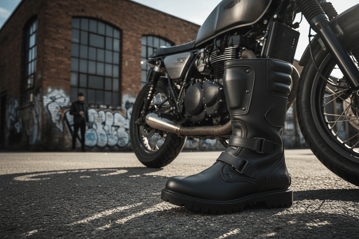 A Melhor Bota para Motociclista Masculino em 2026 em frente a uma motocicleta clássica em cenário urbano