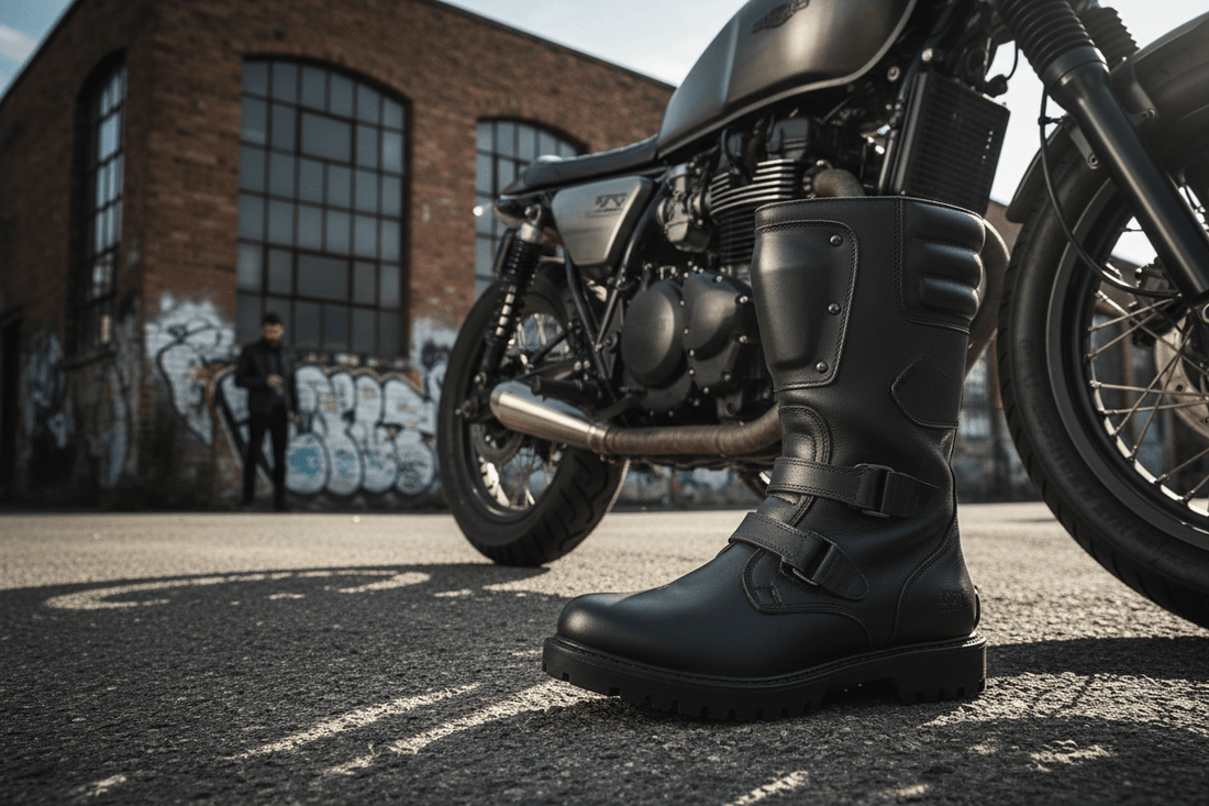 A Melhor Bota para Motociclista Masculino em 2026 em frente a uma motocicleta clássica em cenário urbano
