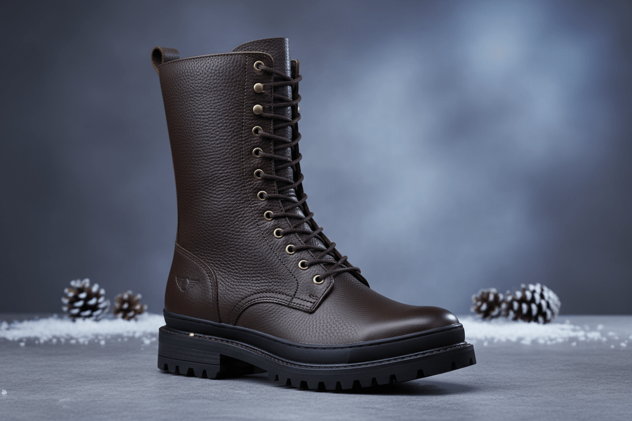 Bota Cano Alto Masculina: Estilo e Praticidade no Inverno, bota marrom elegante no fundo invernal com pinhas.