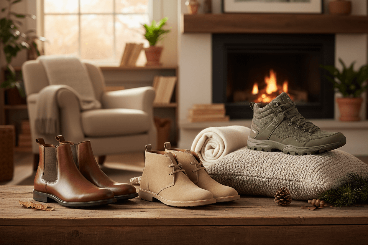 Três botas de diferentes materiais em uma sala aconchegante. Qual o melhor material de bota para você?