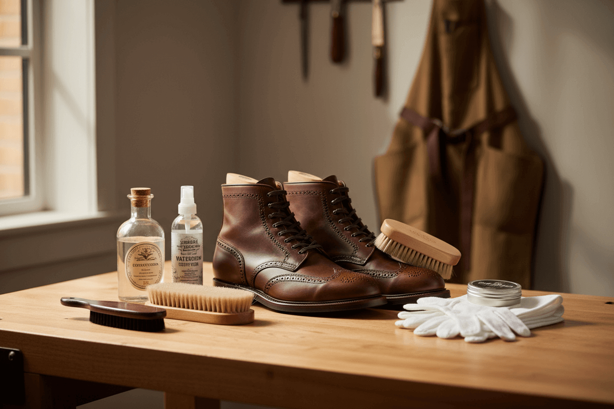 Cuidados Essenciais para Prolongar a Vida Útil das Botas com produtos de limpeza e escovas em uma mesa de madeira.