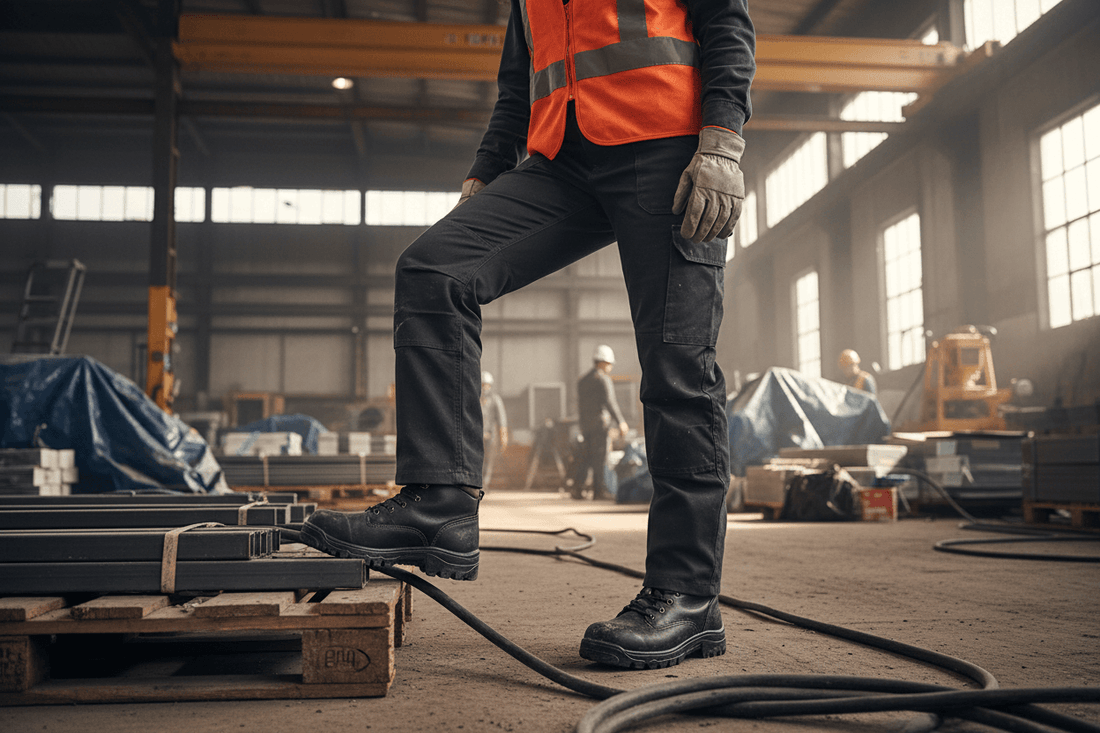 Homem usando bota de segurança feminina em ambiente de trabalho, destacando a proteção e conforto.