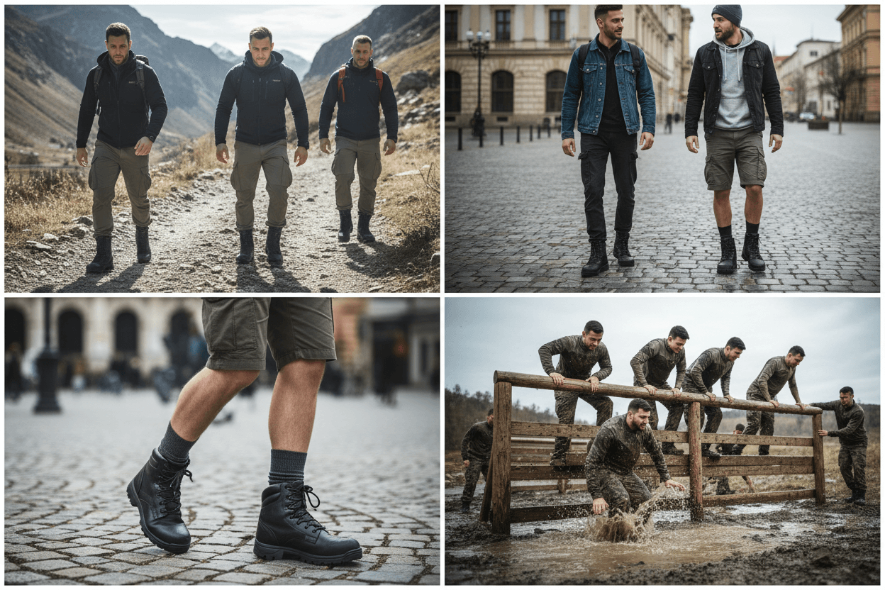 Coturno militar masculino tático para trilhas e uso urbano com estilo utilitário e resistência em condições exigentes.