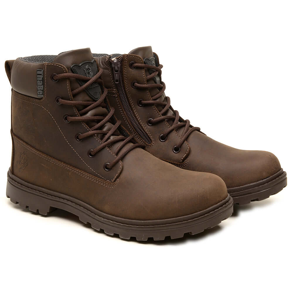 Bota Easy Bel com Zíper: Estilo e Praticidade no Dia a Dia em couro marrom com fechamento por zíper e cadarços.