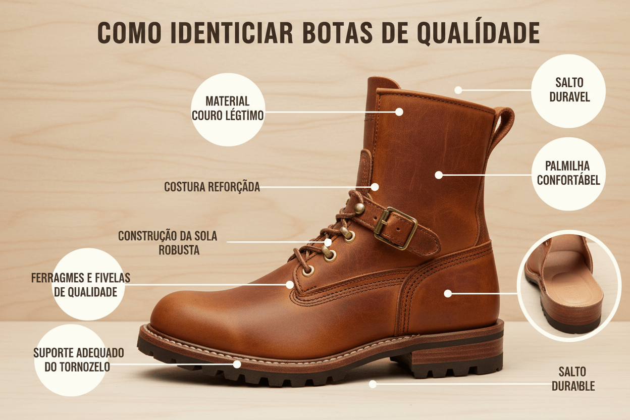 Descubra a Melhor Bota Para Você: Guia visual de características de uma bota de qualidade com detalhes de construção e materiais.