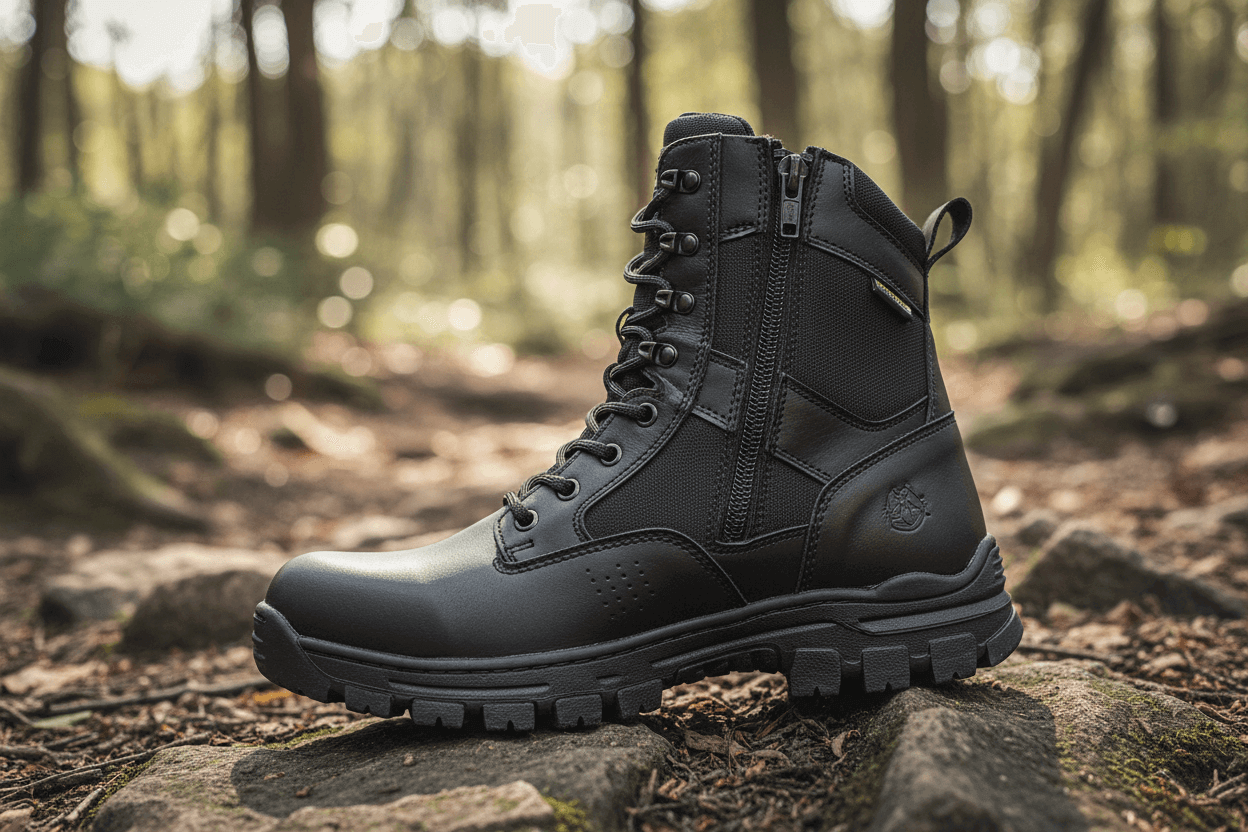 Coturno masculino militar com zíper em floresta, destacando versatilidade e resistência, ideal para uso tático.