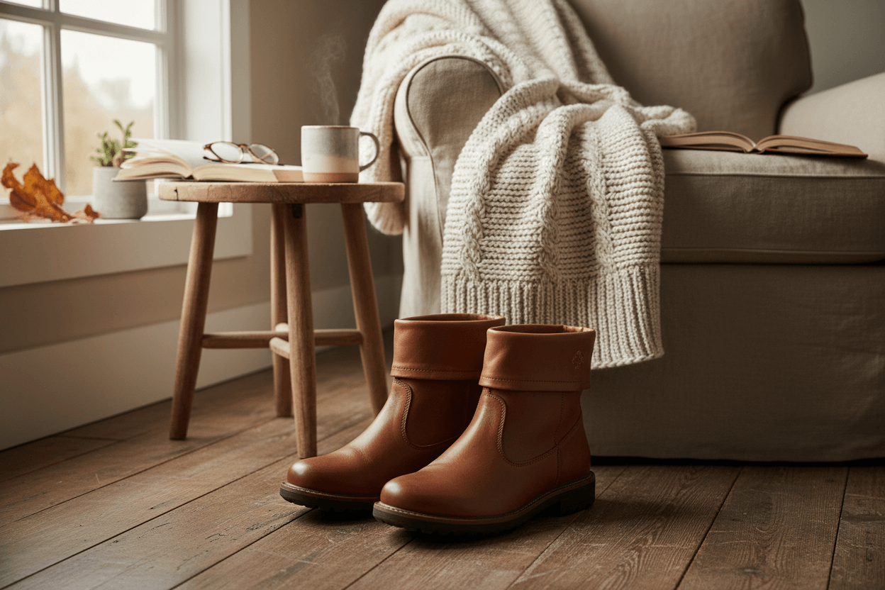 Botas de couro em sala de estar com foco na questão 'Qual tipo de bota é mais confortável?' em um ambiente aconchegante.