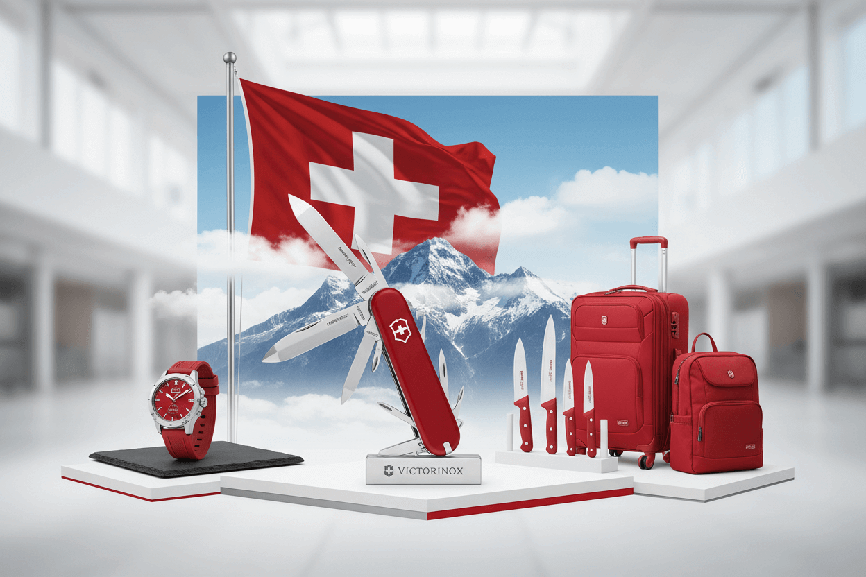 Victorinox: conheça a empresa, exibindo canivete suíço, relógio e bagagem em exposição com bandeira suíça e montanhas ao fundo.