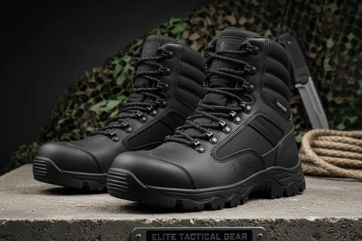 Black tactical boots on display, showcasing Bota Tática: As Vantagens de Investir em Uma for outdoor and tactical use.