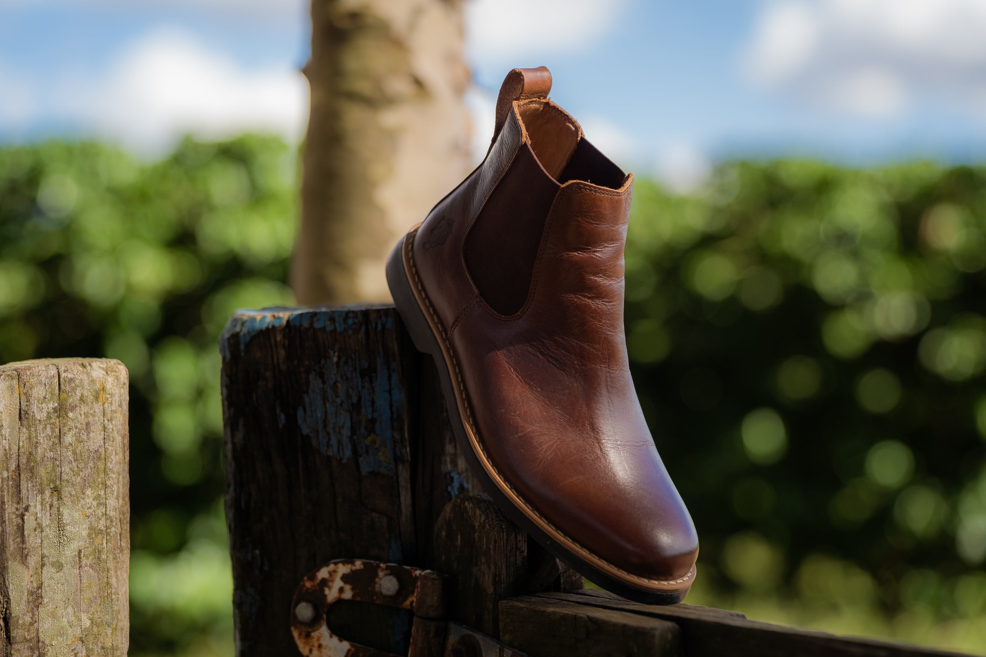 Botas chelsea de couro marrom destacadas sobre uma madeireira ao ar livre.