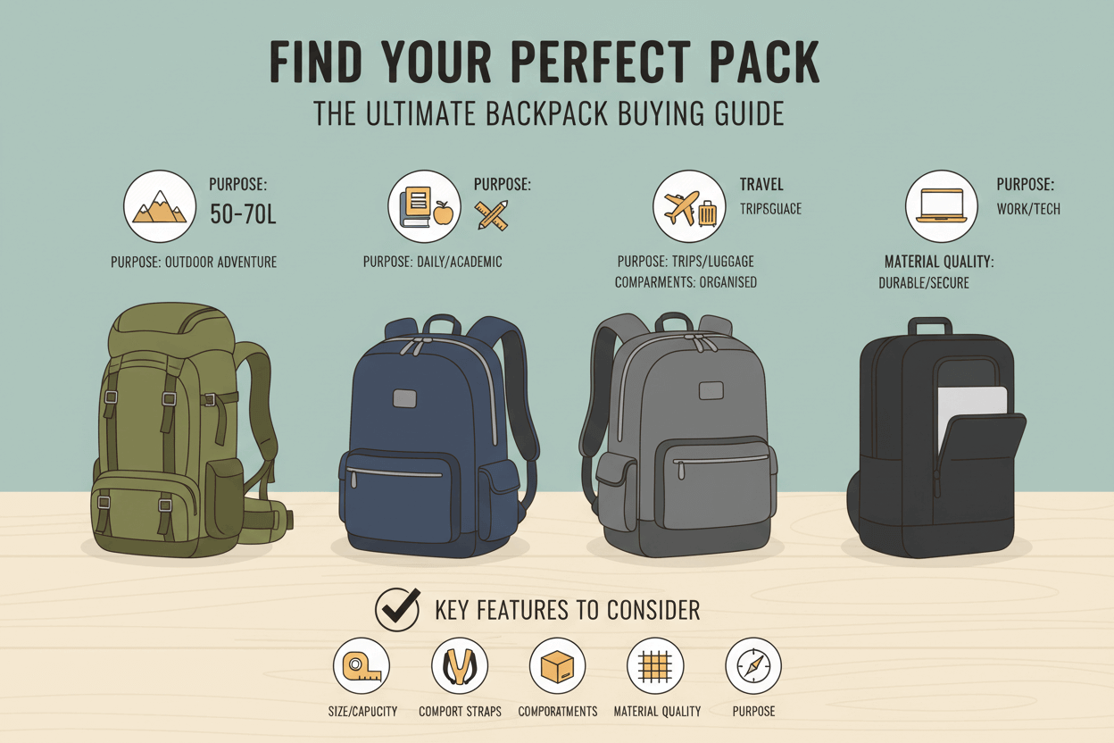 Como escolher a mochila ideal - Guia visual de mochilas para aventura, trabalho e viagem, destacando características essenciais.