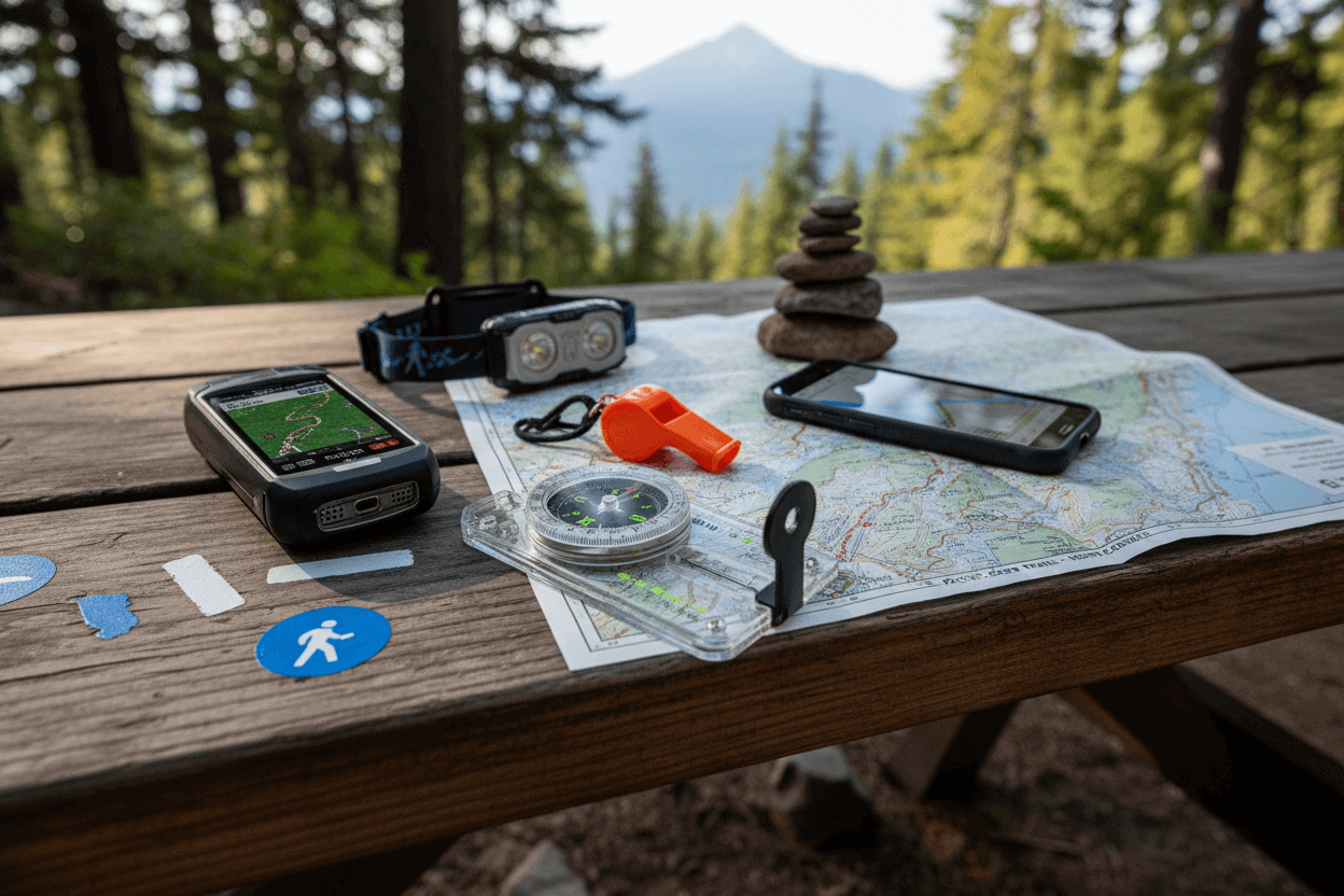 Equipamentos para Orientação e Localização durante trilhas: bússola, mapa, GPS e lanterna em mesa de piquenique na floresta