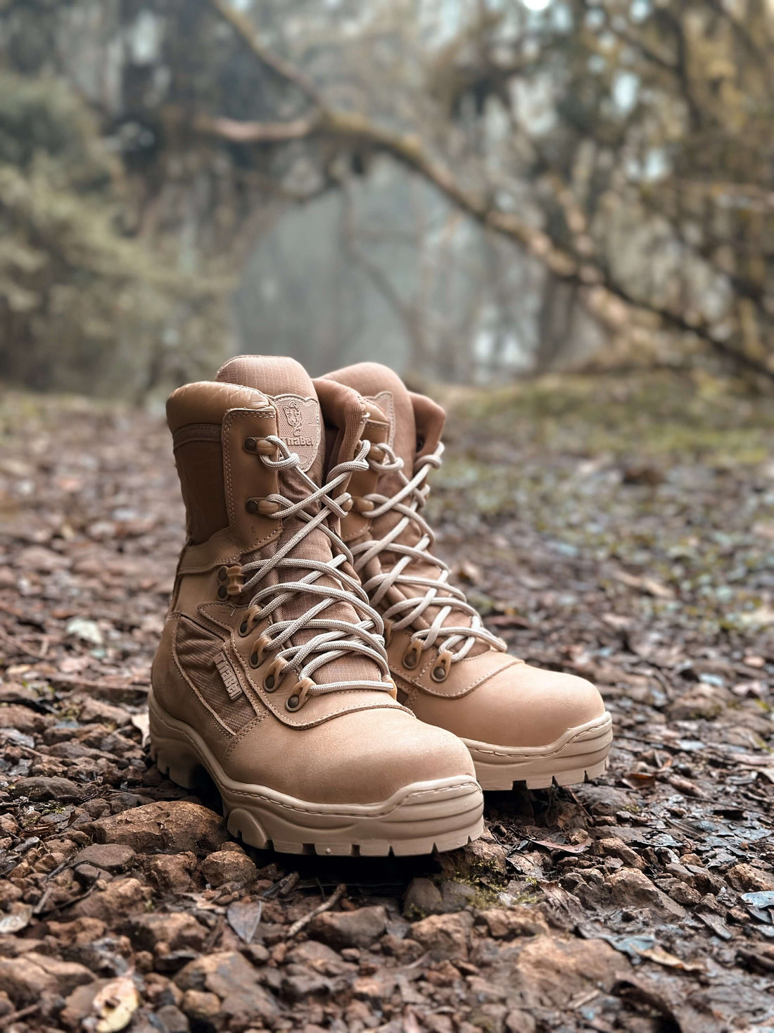 Botas coturno militar em um caminho de terra com vegetação ao fundo.