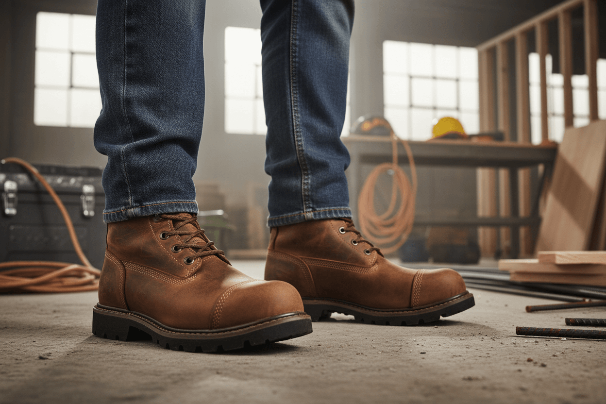 Trabalhador usando sapatos de segurança em um ambiente de trabalho, ilustrando 'Como Selecionar Sapatos de Segurança Eficazes'.