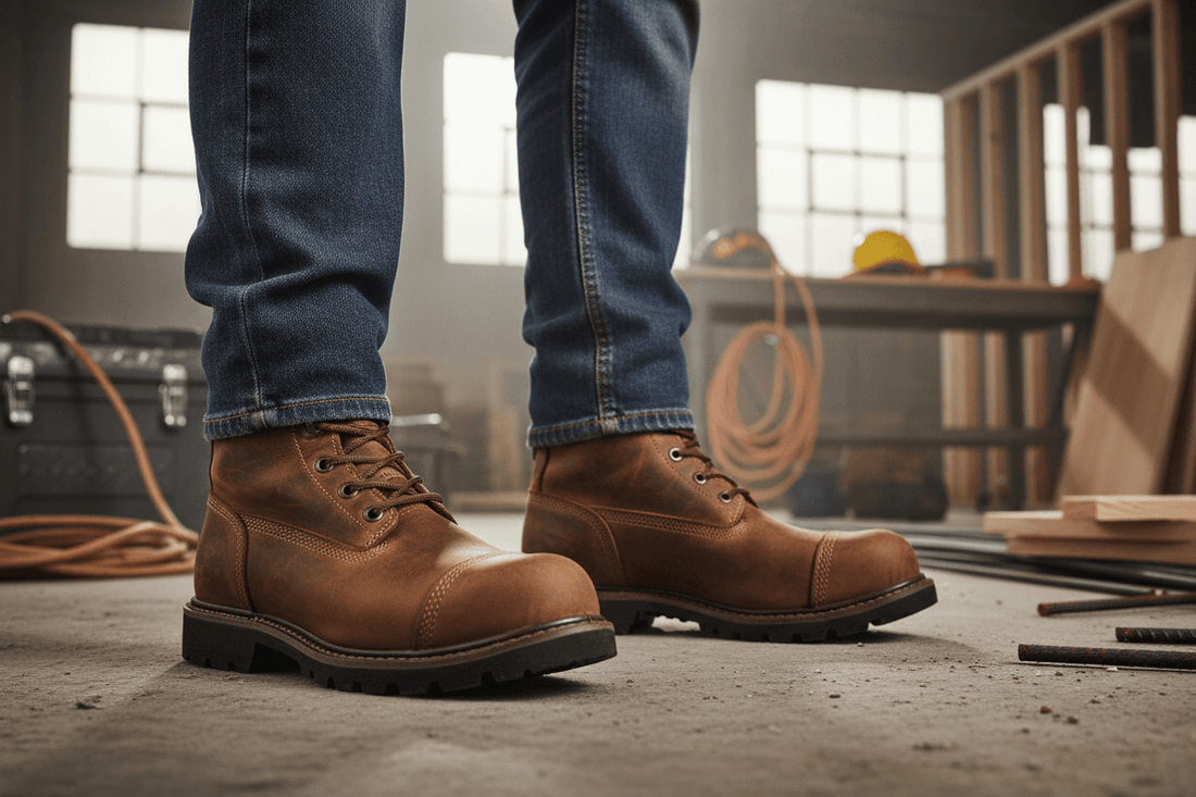 Trabalhador usando sapatos de segurança em um ambiente de trabalho, ilustrando 'Como Selecionar Sapatos de Segurança Eficazes'.