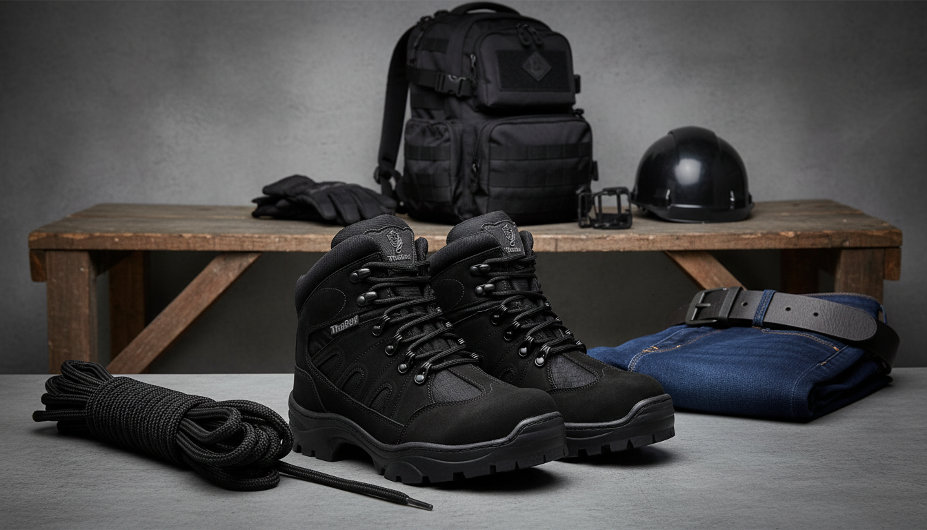 Coturno Militar Cano Curto: Estilo e Funcionalidade com calçado robusto, mochila, cordas e jeans em um ambiente de trabalho.