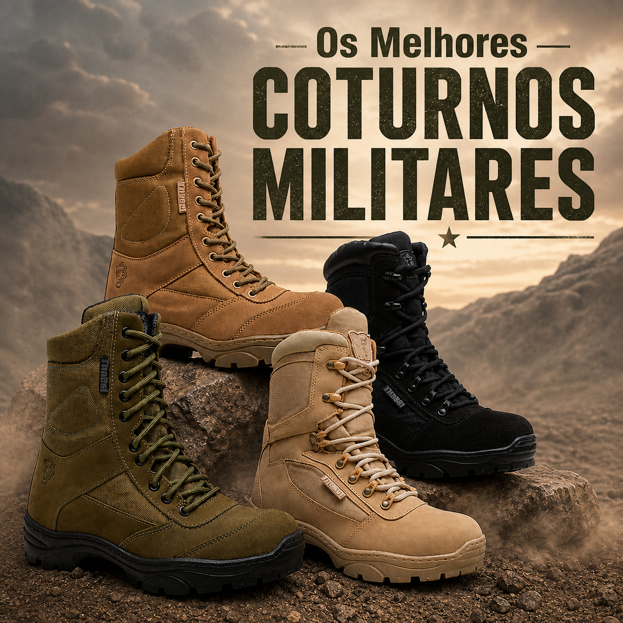 Coturnos do Exército: Durabilidade e Estilo Militar em quatro modelos de botas militares no deserto.