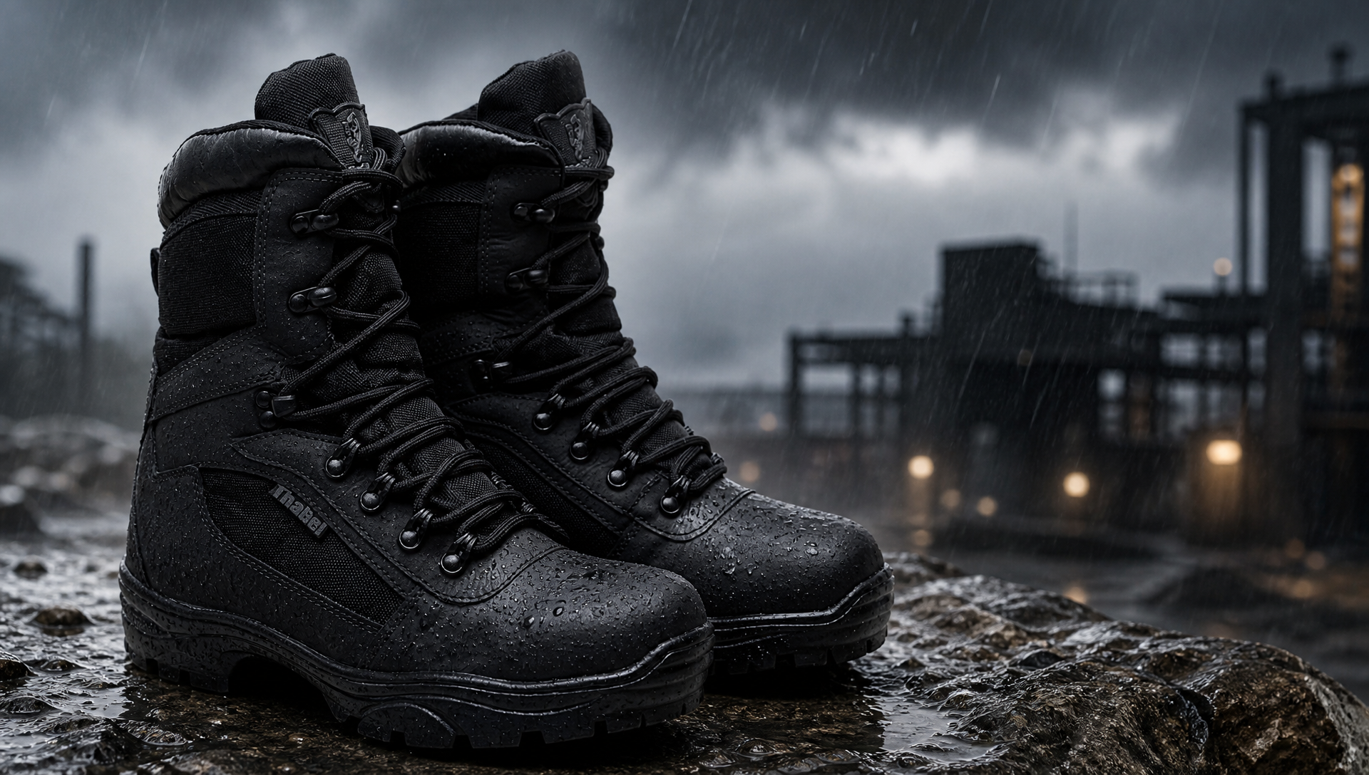 Bota Tática Impermeável: Resistência e Conforto em ambiente chuvoso, destacando sua durabilidade e estilo.