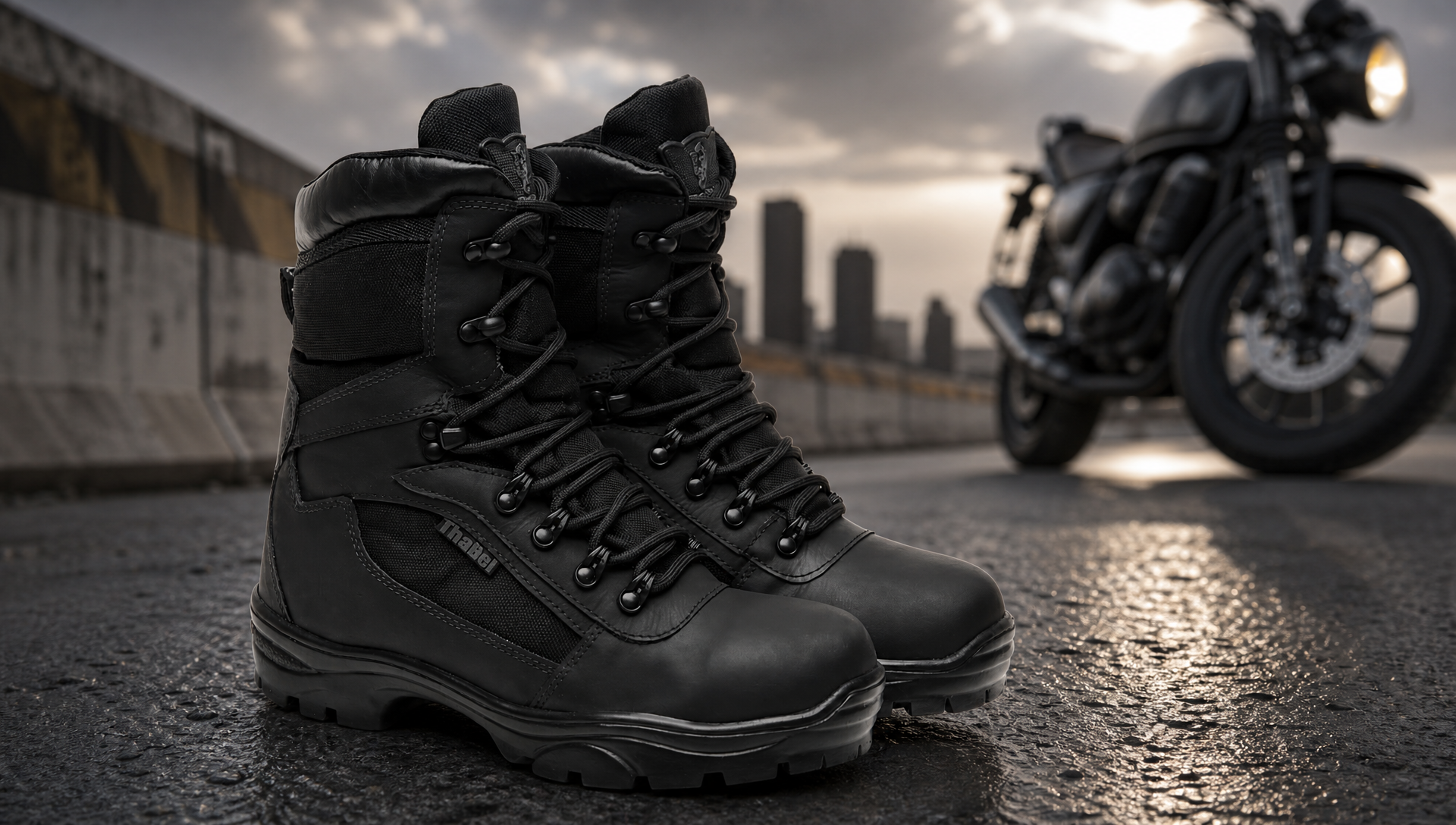 Bota Motociclista: Estilo e Proteção na Estrada em fundo urbano com moto ao fundo.