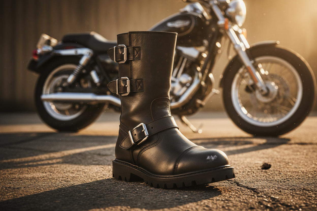 Botas de pilotagem robustas em primeiro plano com uma motocicleta estilosa ao fundo, ideal para amantes de moto.