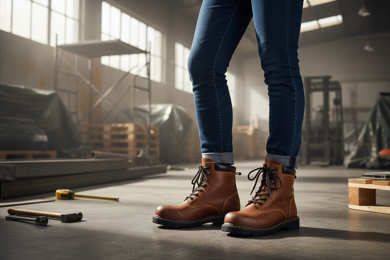 Bota de segurança feminina em ambiente de trabalho, destacando o estilo e proteção das botas.