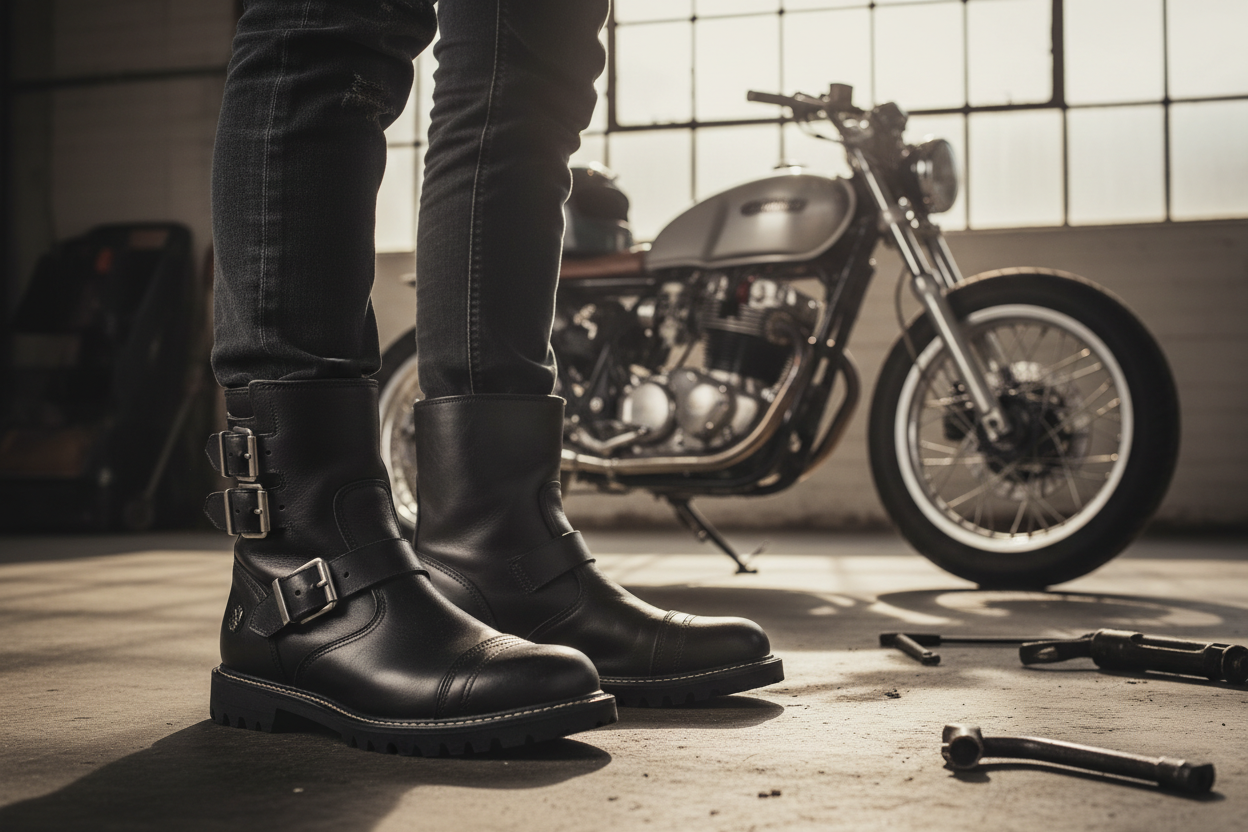 melhores botas de motociclista em detalhes, com motocicleta ao fundo em ambiente de oficina