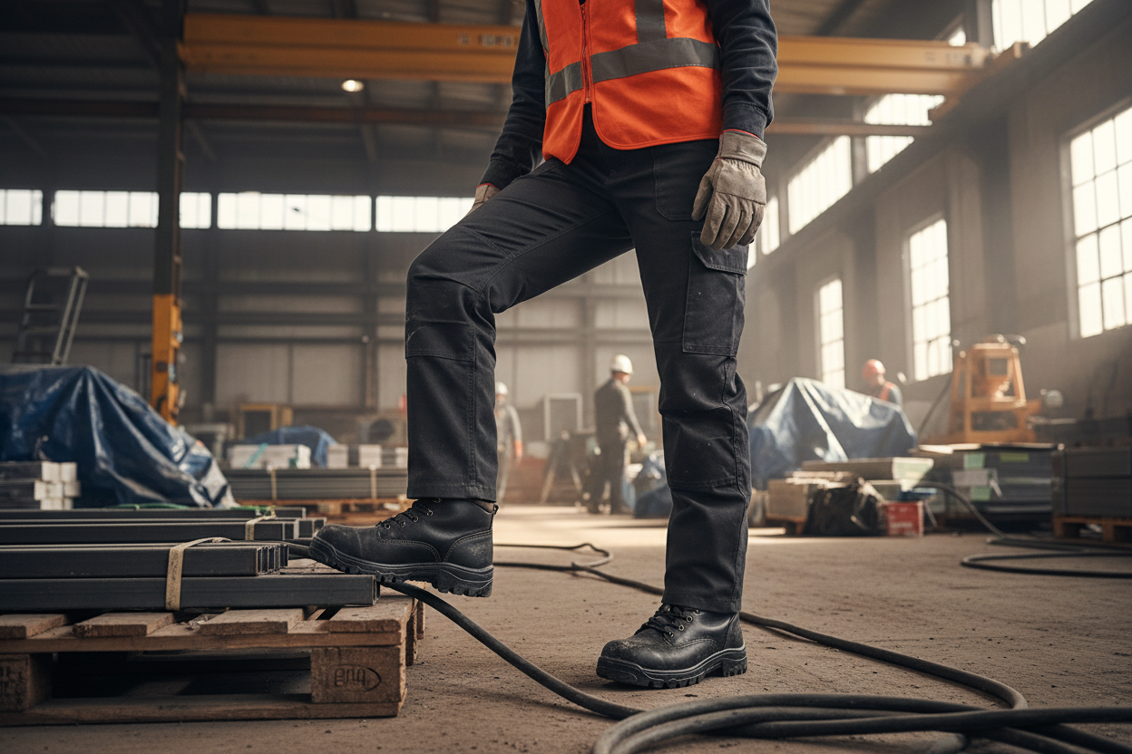 Homem usando bota de segurança feminina em ambiente de trabalho, destacando a proteção e conforto.