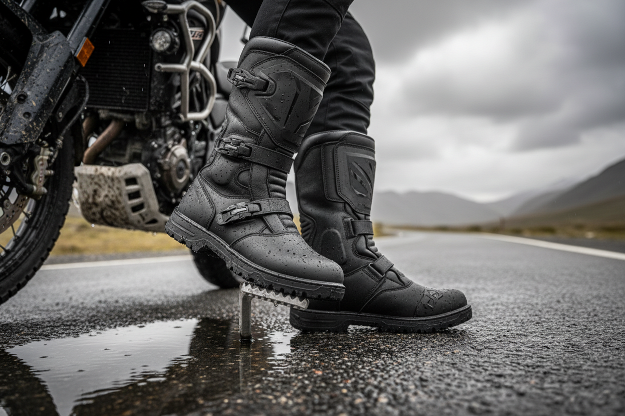 Botas para motociclismo em estrada molhada ao lado de uma moto aventureira.