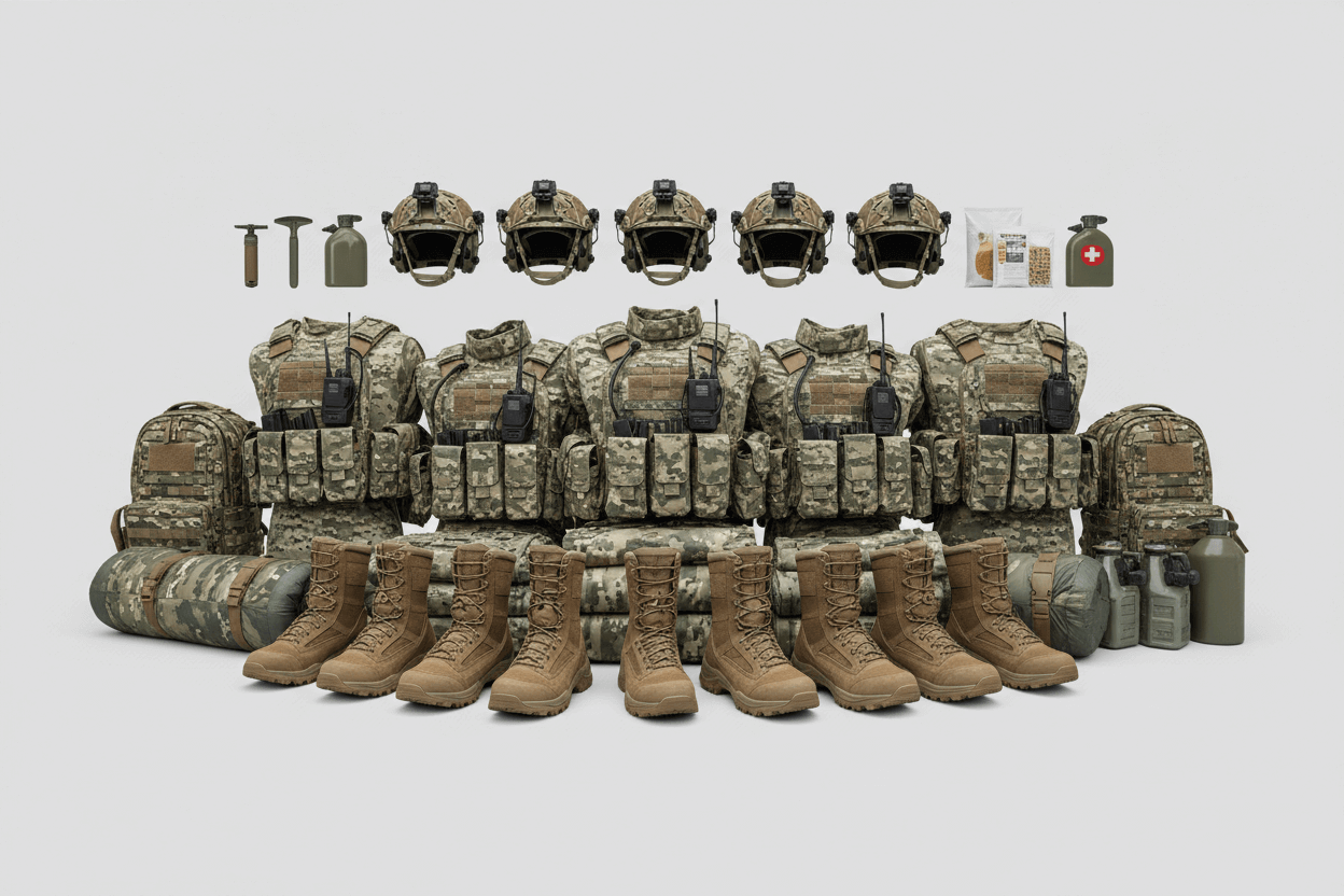 Equipamentos Militares em exibição, incluindo uniformes, capacetes e botas táticas.