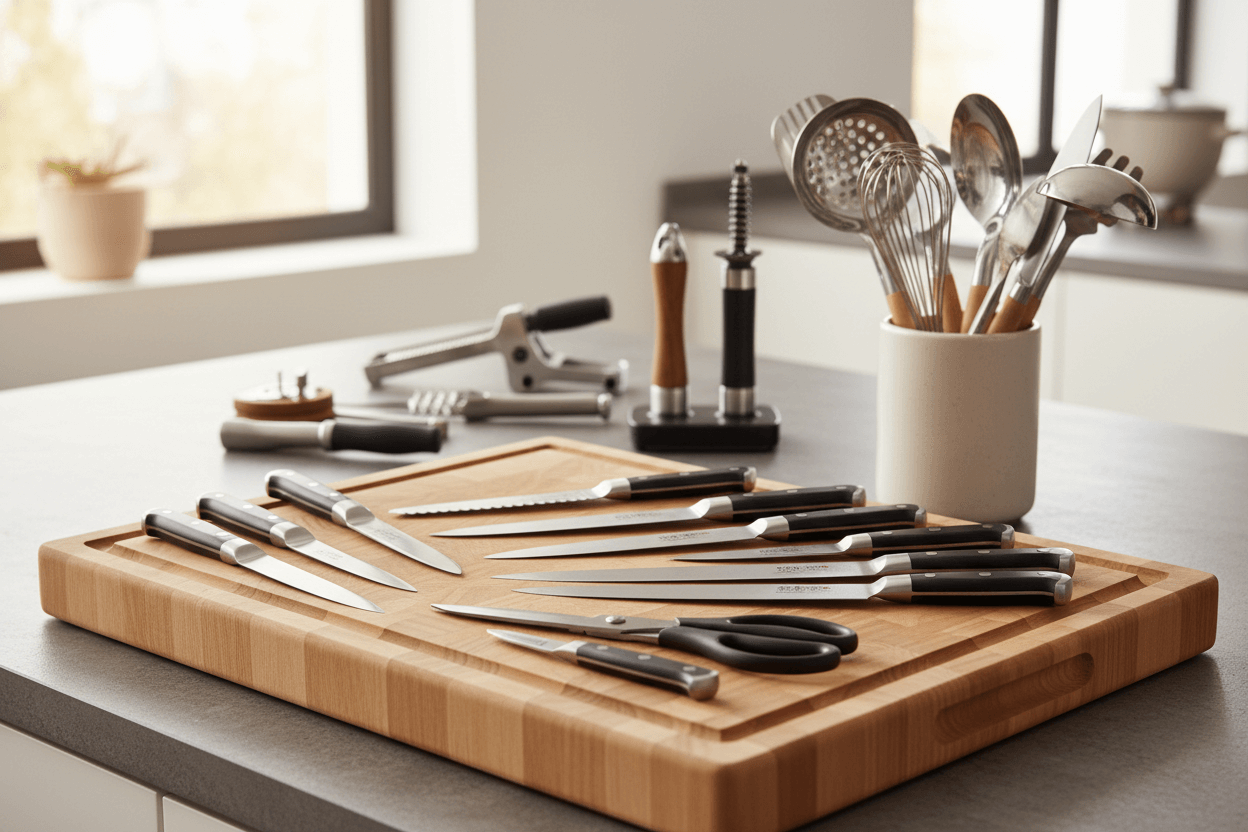 Variedade de artigos de cutelaria em bancada de cozinha, incluindo facas e utensílios.