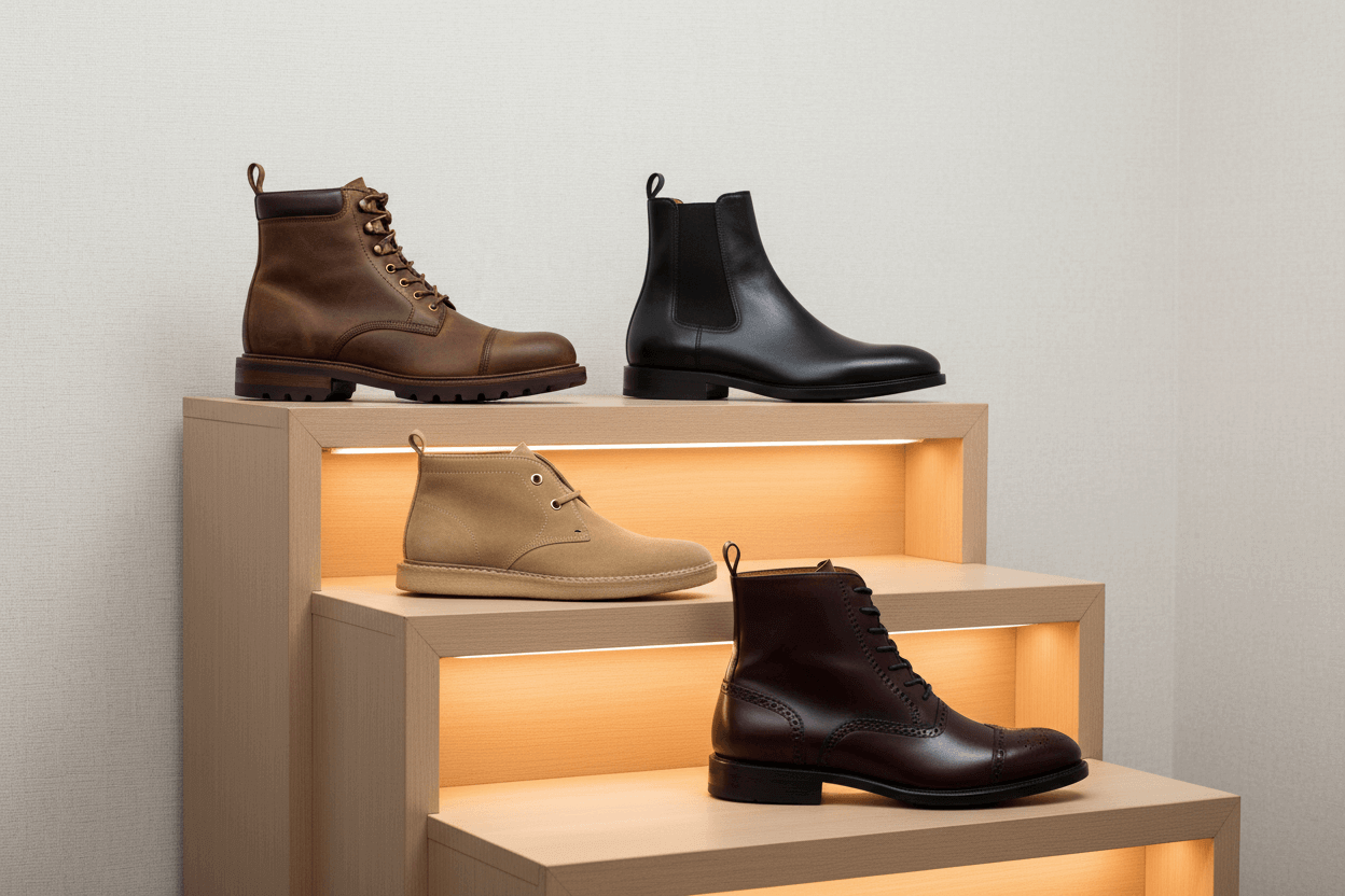 Bota Masculina: Modelos Imperdíveis para Todas as Ocasiões - diversos estilos em exibição em um suporte de madeira iluminado.
