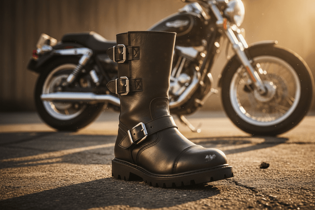 Botas de pilotagem robustas em primeiro plano com uma motocicleta estilosa ao fundo, ideal para amantes de moto.