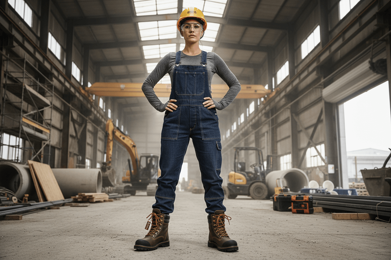 Mulher de macacão e botas em canteiro de obras, ilustrando Como Escolher a Bota Feminina Ideal para o Trabalho.