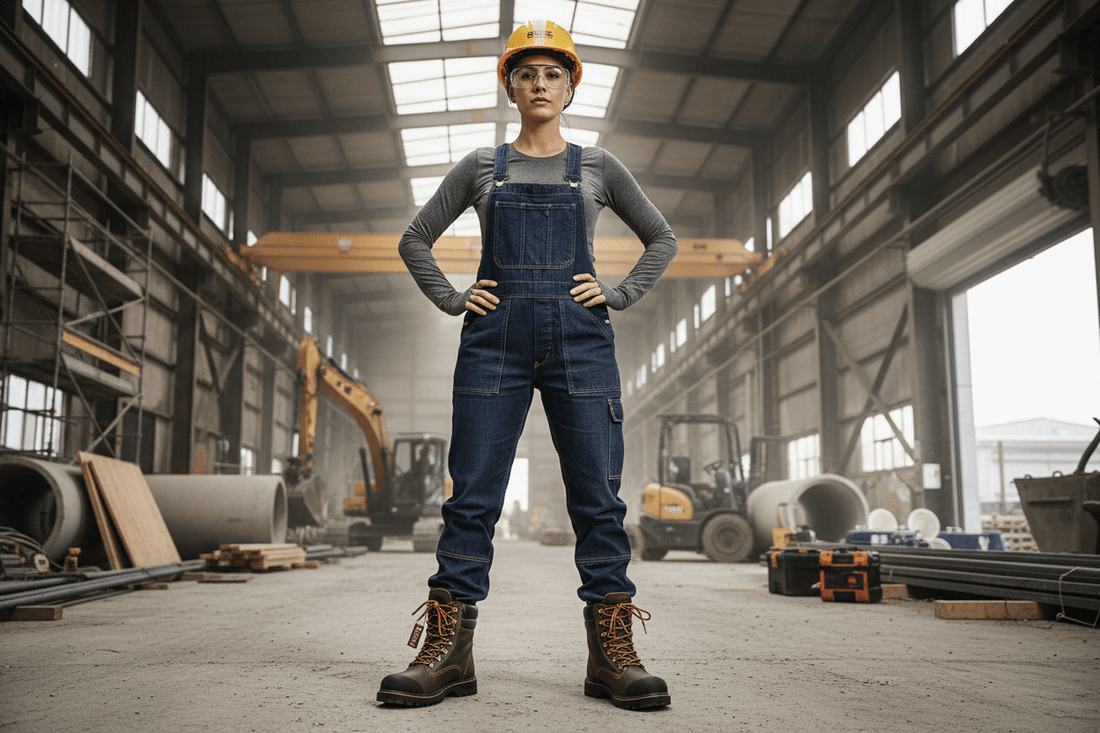 Mulher de macacão e botas em canteiro de obras, ilustrando Como Escolher a Bota Feminina Ideal para o Trabalho.