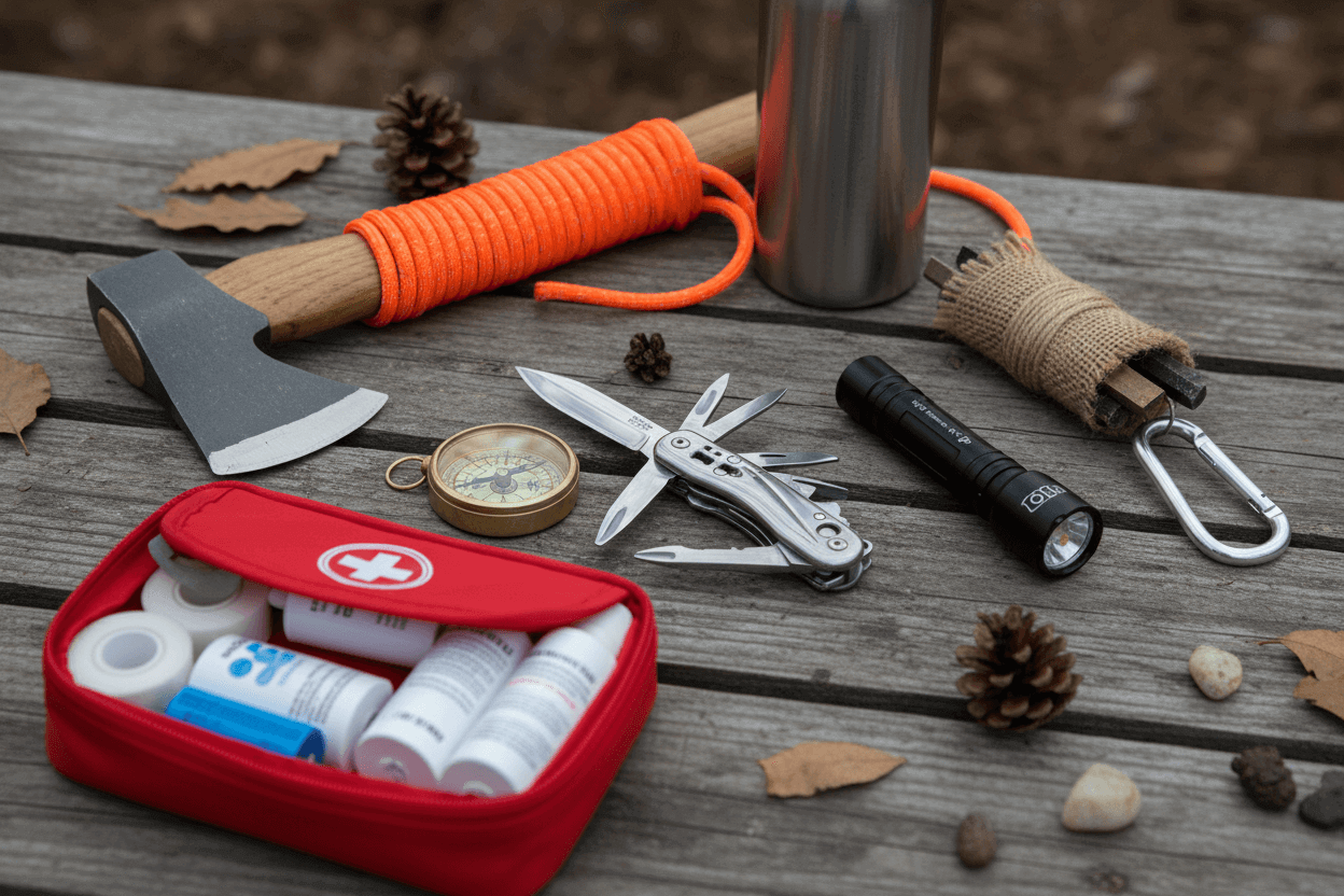 Essenciais Ferramentas para Camping: kit de primeiros socorros, machado, bússola, canivete, lanterna e corda.