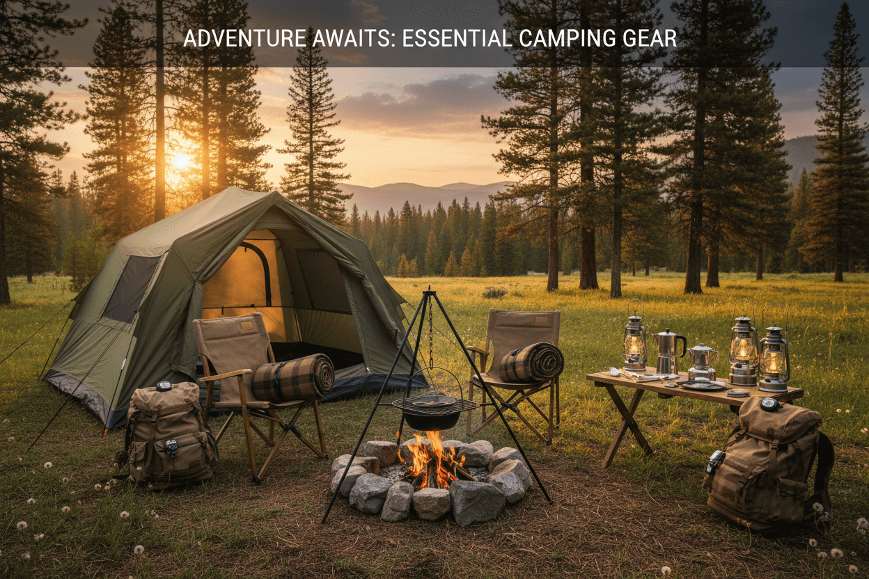 Tudo para Camping: Tenda ao pôr do sol com equipamentos essenciais de acampamento em um campo entre árvores.