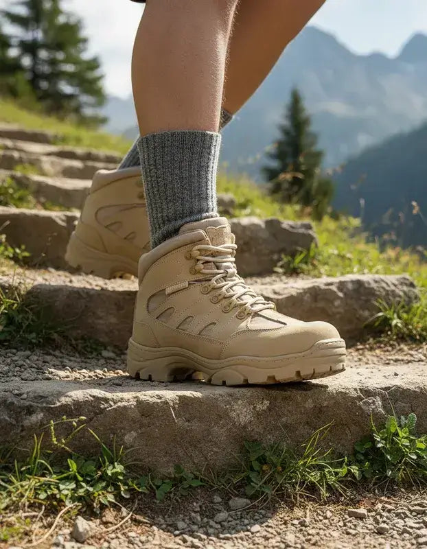 Pessoa usando Botas Thabel: segurança e conforto para os pés em todos os momentos, caminhando em uma trilha cercada por natureza.