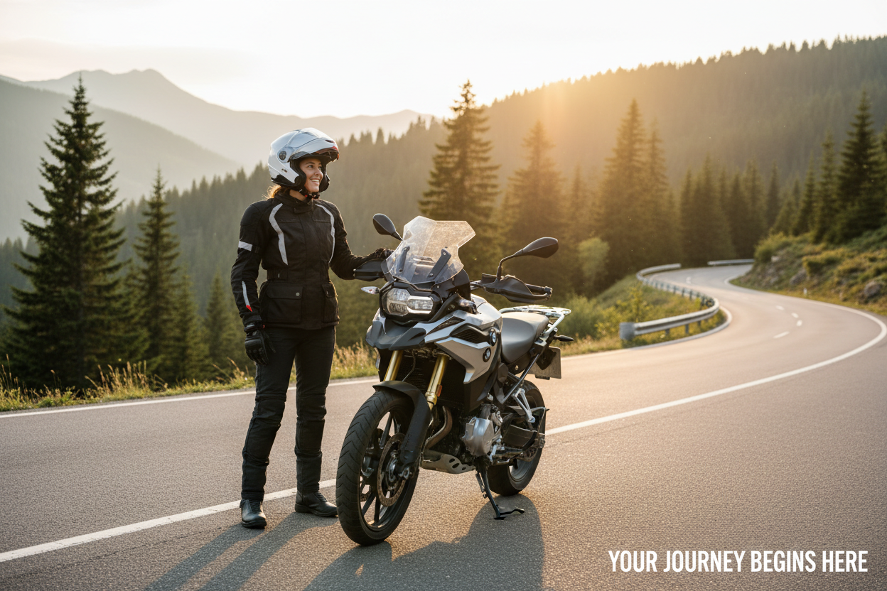 Mulher de moto em estrada com paisagem ao fundo, explorando o guia para iniciantes no motociclismo.