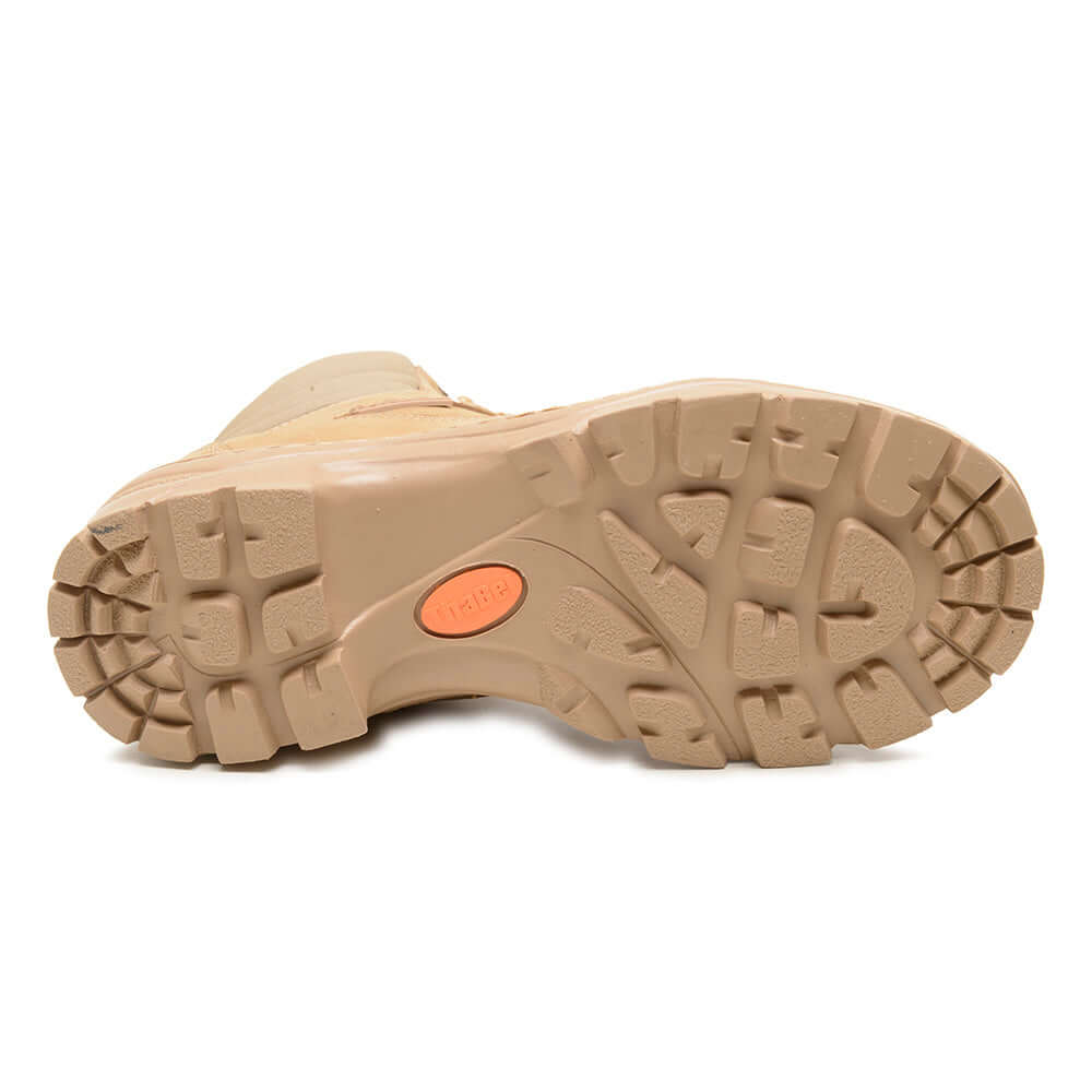 Sola da Bota Tática ThaBel Highlander Anti Perfuro Desert com CA em couro Nobuck, destacando resistência para terrenos difíceis.