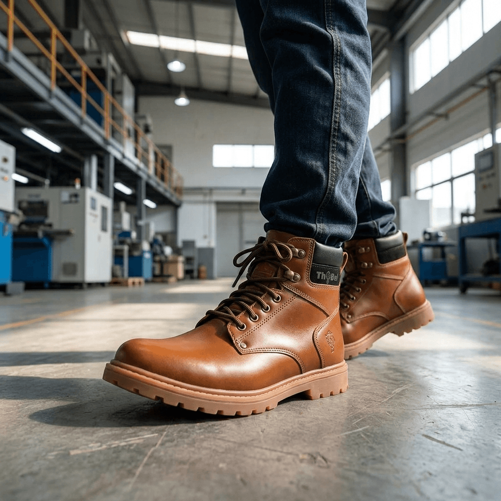 Bota Work Masculina Thabel WorkBel Anti Perfuro Conhaque com CA em ambiente de trabalho moderno.