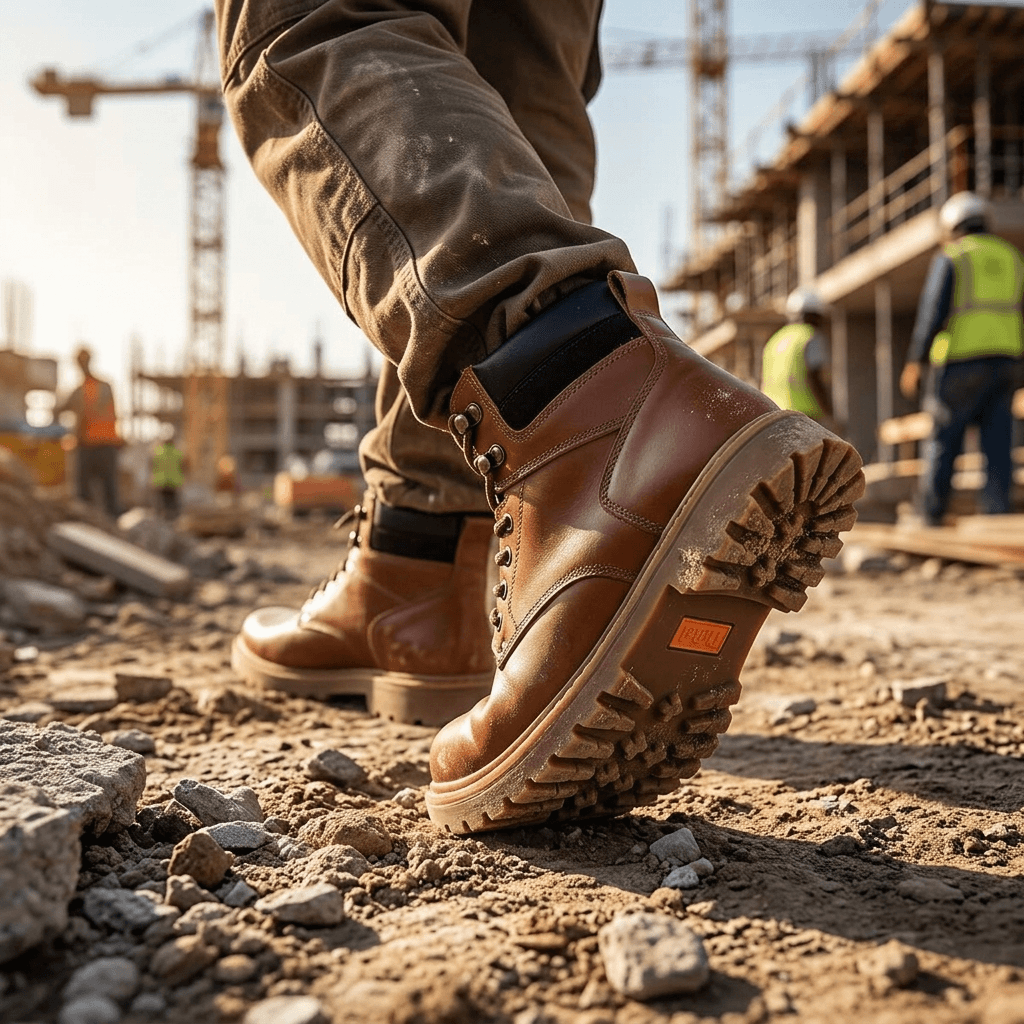 Bota Work Masculina Thabel WorkBel Anti Perfuro Conhaque com CA em ambiente de construção, oferecendo conforto e proteção.